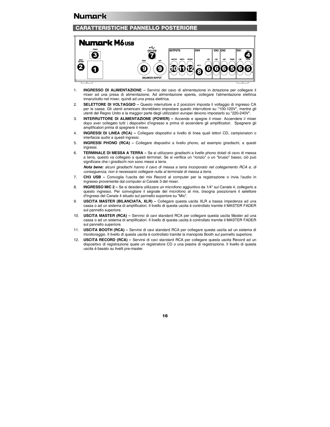 Numark Industries M6 quick start Caratteristiche Pannello Posteriore 