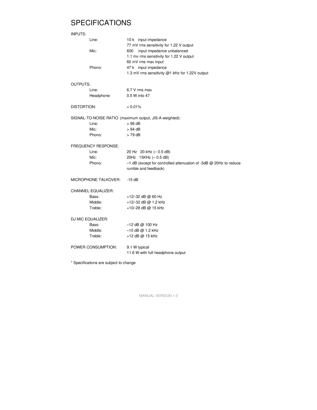 Numark Industries M6 quick start Specifications 