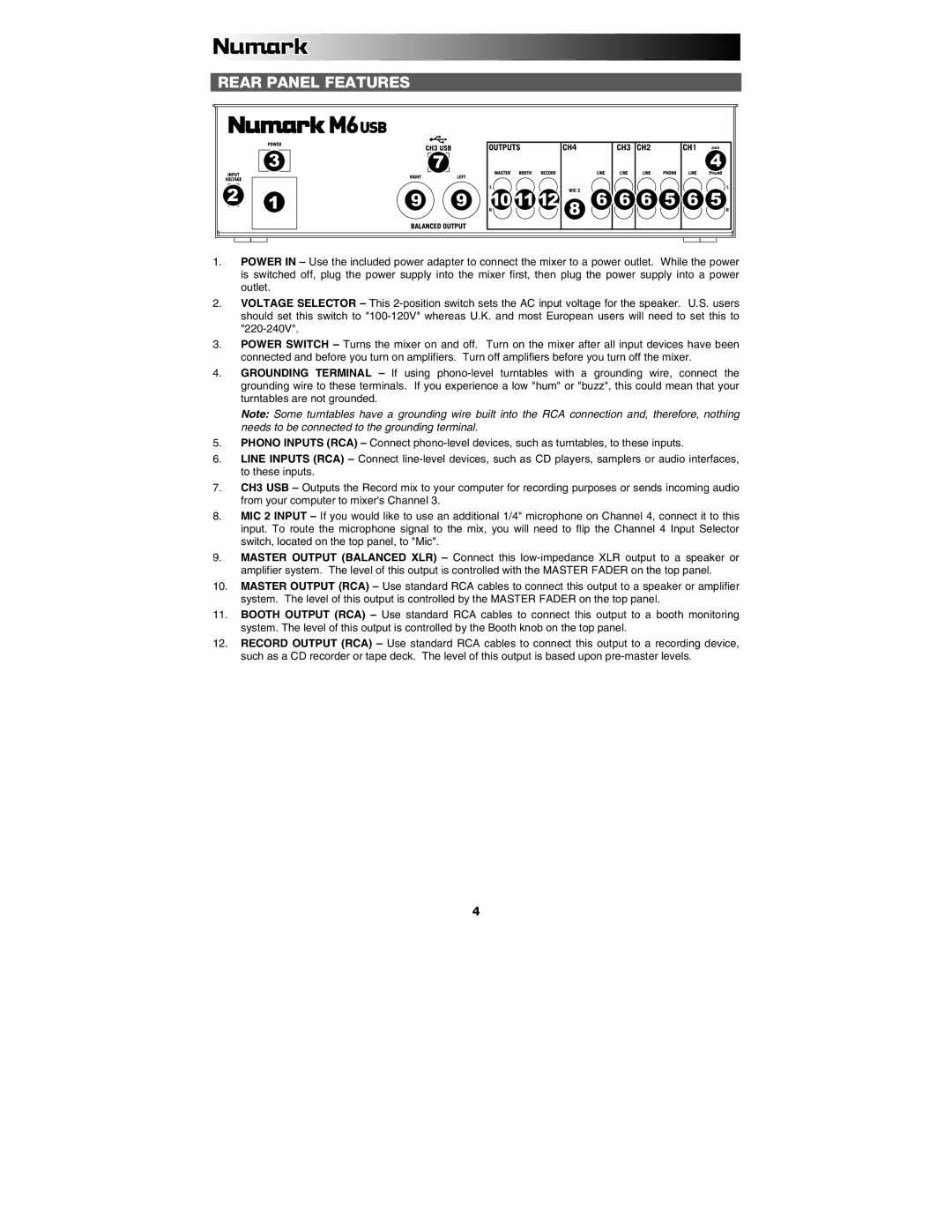 Numark Industries M6 quick start 10 11 12 6 5 6, Rear Panel Features 