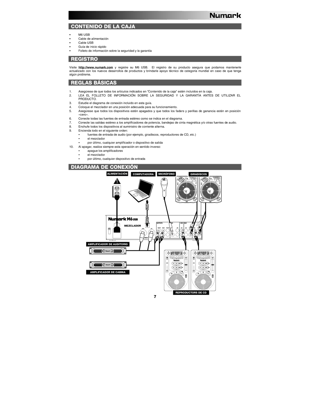 Numark Industries M6 quick start Contenido DE LA Caja, Registro Reglas Básicas, Diagrama DE Conexión 