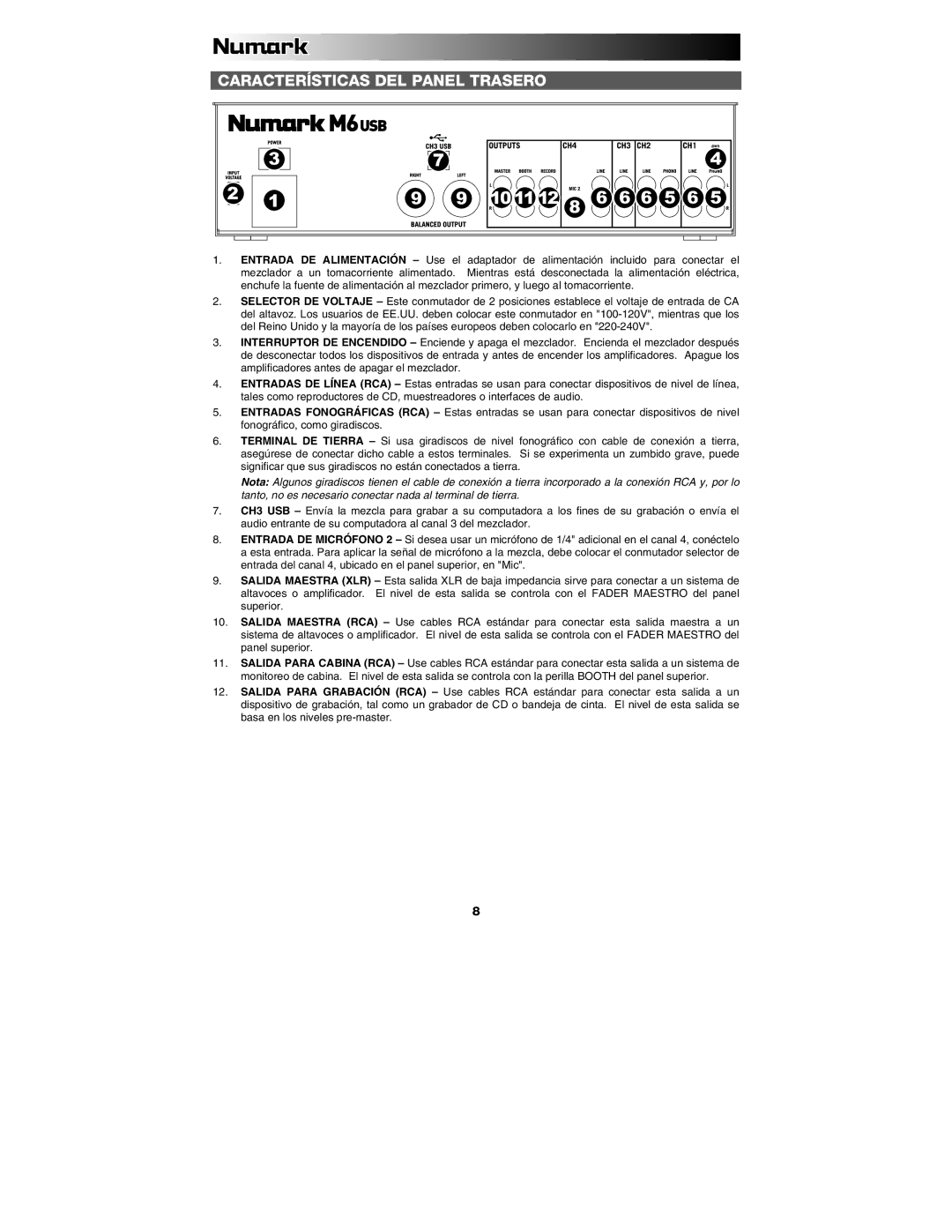 Numark Industries M6 quick start Características DEL Panel Trasero 