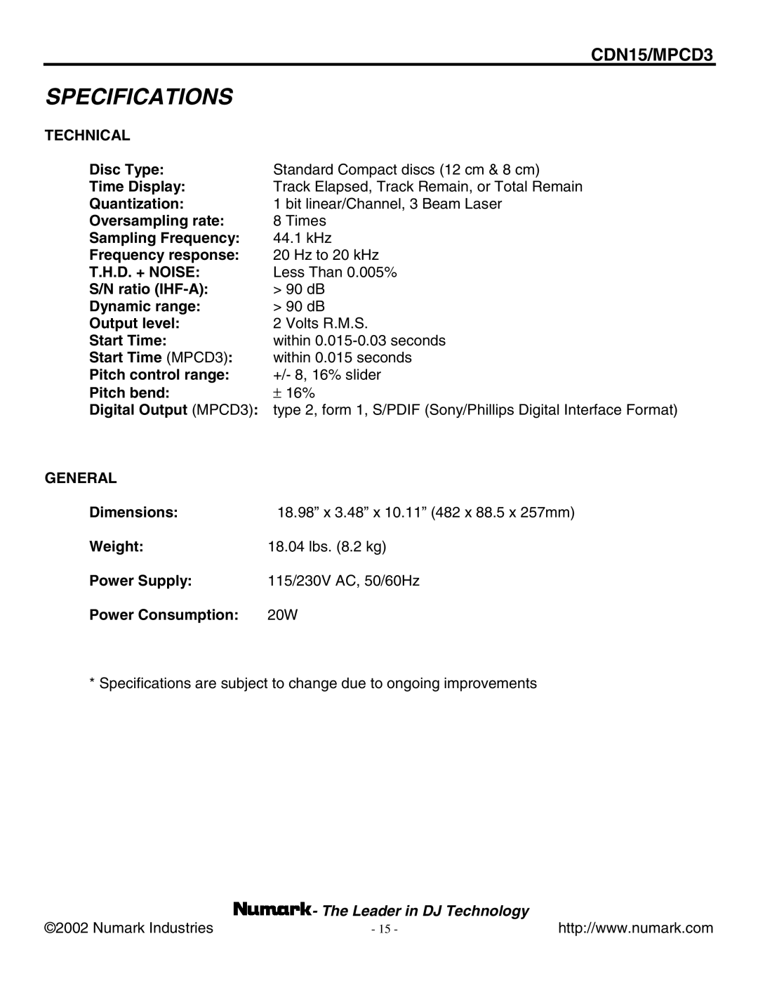 Numark Industries CDN15, MPCD3 user manual Specifications, Technical 