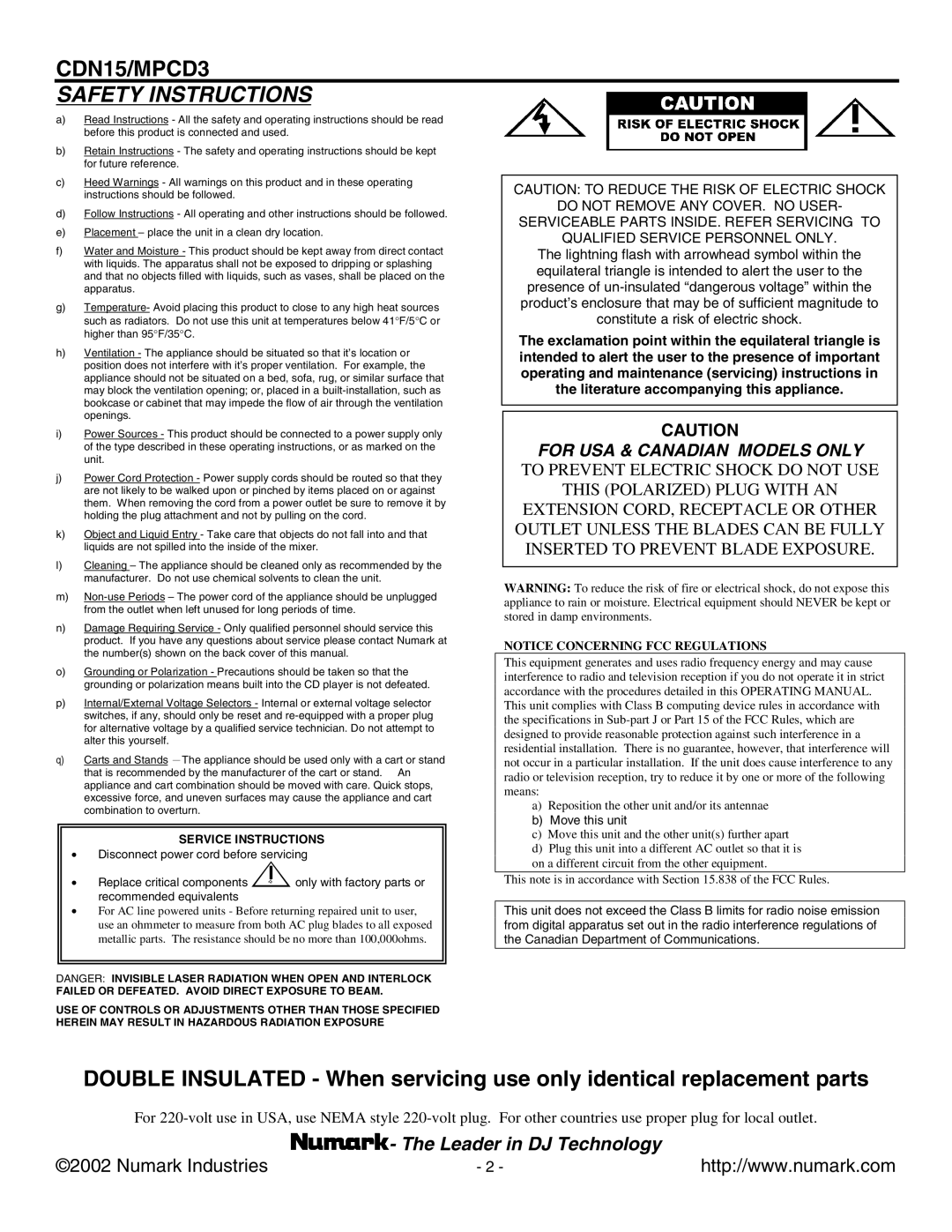 Numark Industries MPCD3, CDN15 user manual Safety Instructions 