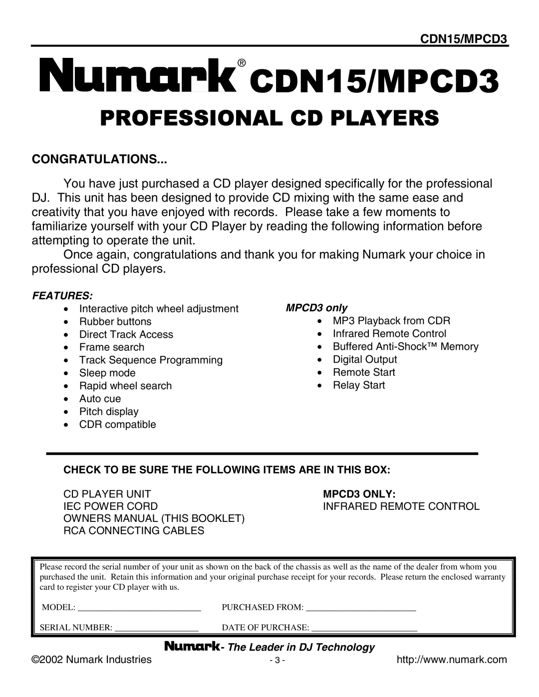 Numark Industries user manual CDN15/MPCD3 