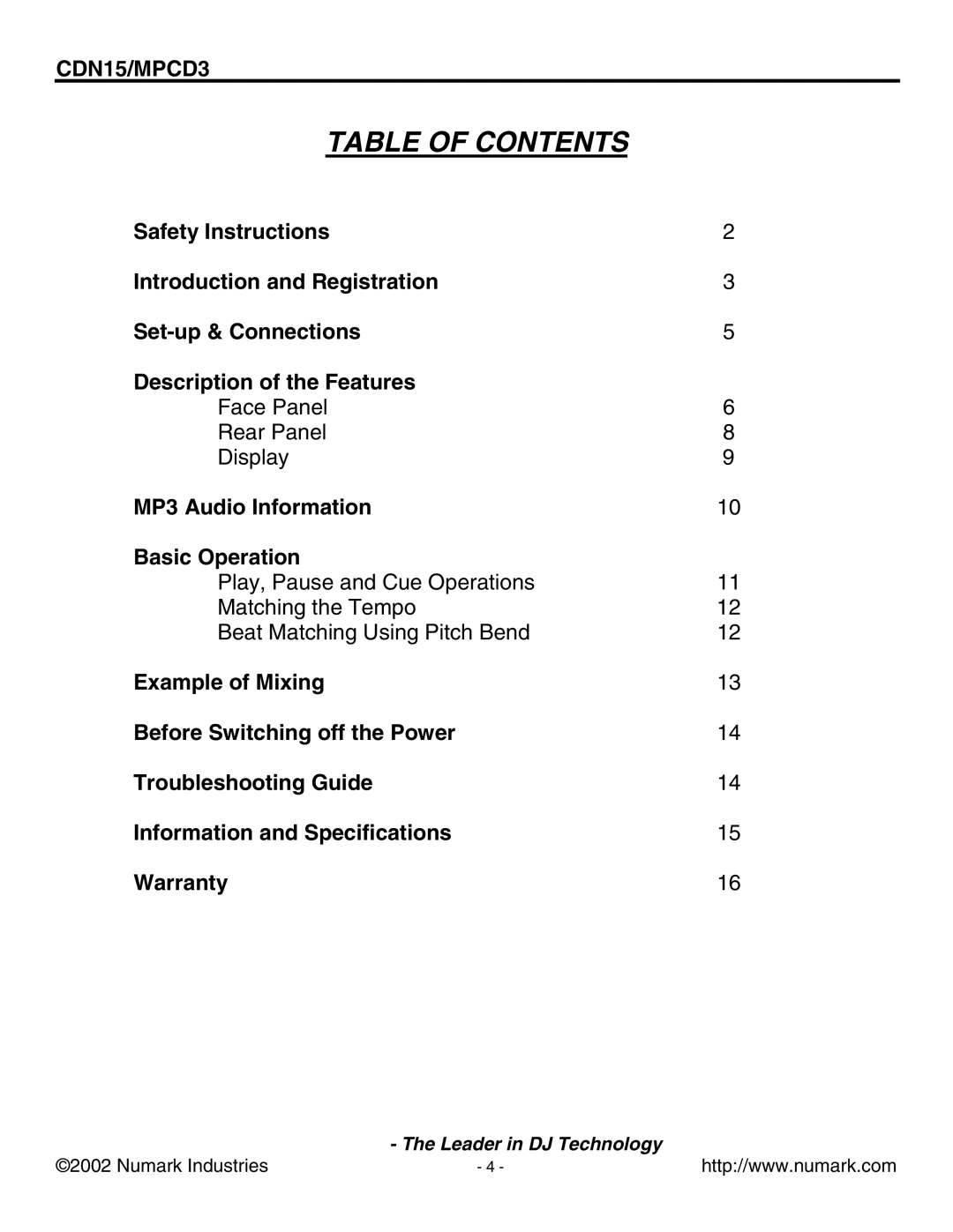 Numark Industries MPCD3, CDN15 user manual Table of Contents 