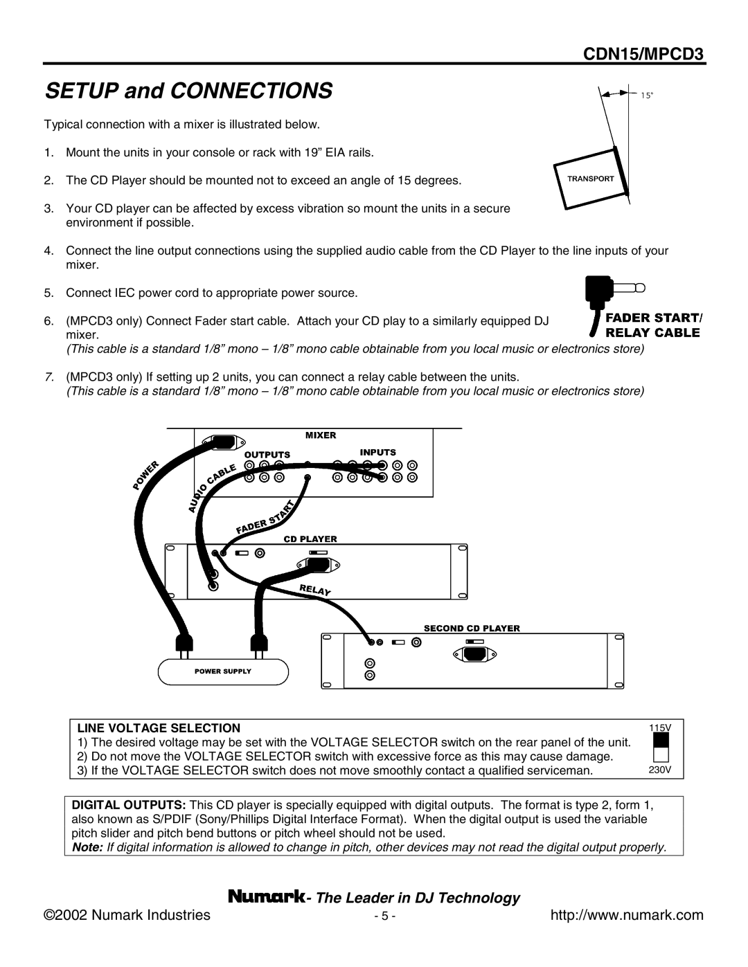 Numark Industries CDN15, MPCD3 user manual Setup and Connections 