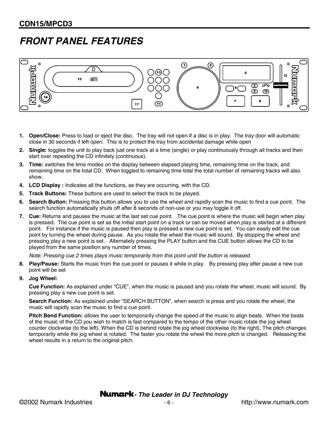 Numark Industries MPCD3, CDN15 user manual Front Panel Features, Jog Wheel 