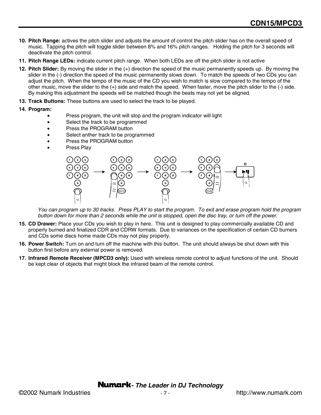 Numark Industries CDN15, MPCD3 user manual Program 