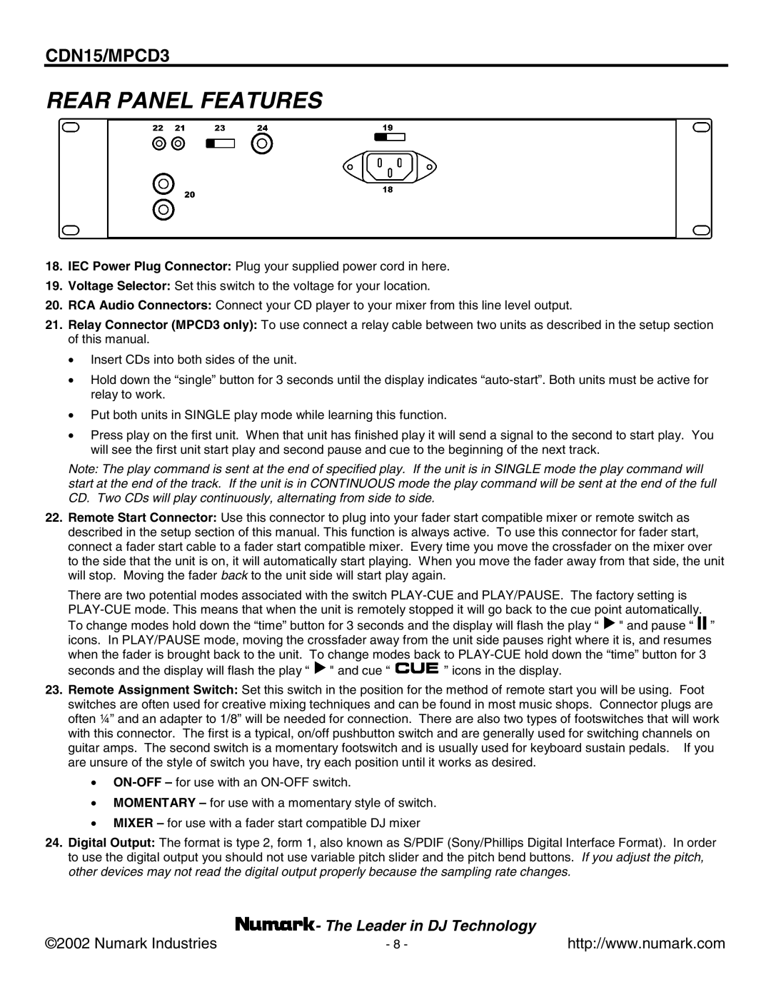 Numark Industries MPCD3, CDN15 user manual Rear Panel Features 