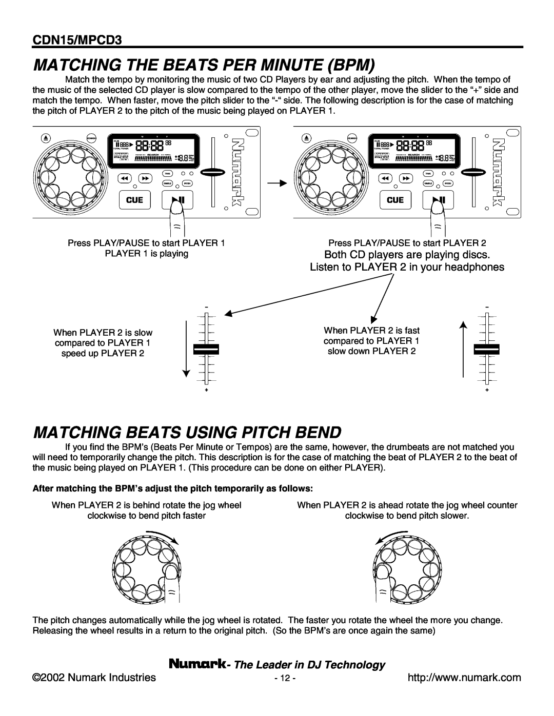 Numark Industries MPCD3, CDN15 Matching The Beats Per Minute Bpm, Matching Beats Using Pitch Bend, Numark Industries 