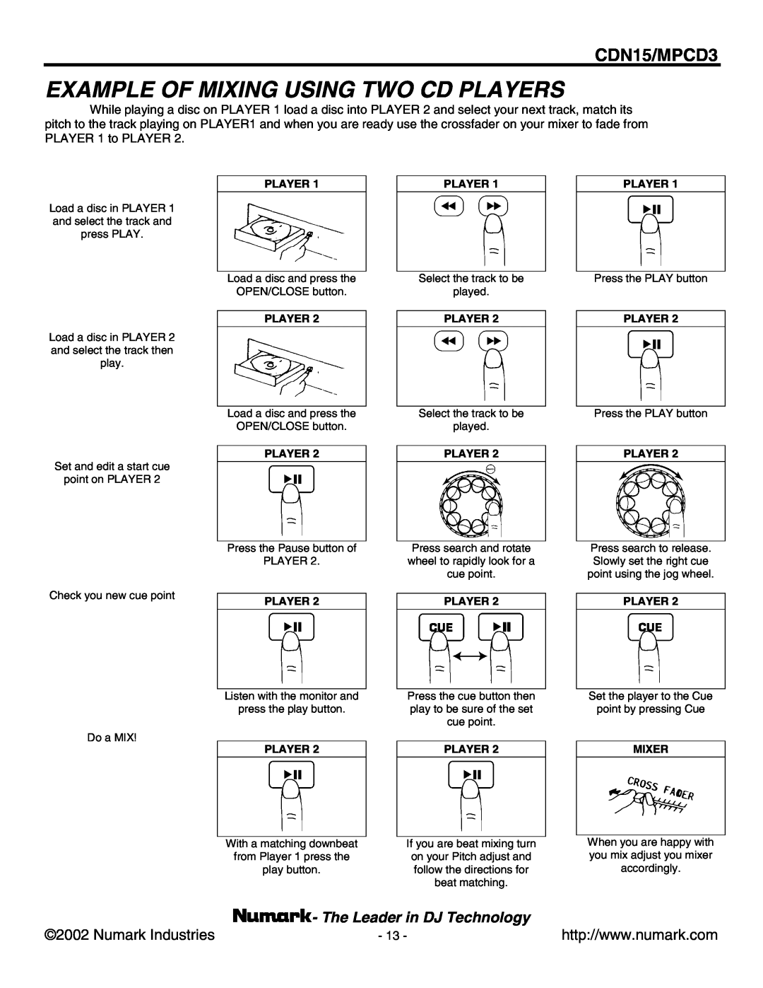 Numark Industries CDN15, MPCD3 user manual Example Of Mixing Using Two Cd Players, The Leader in DJ Technology, Mixer 