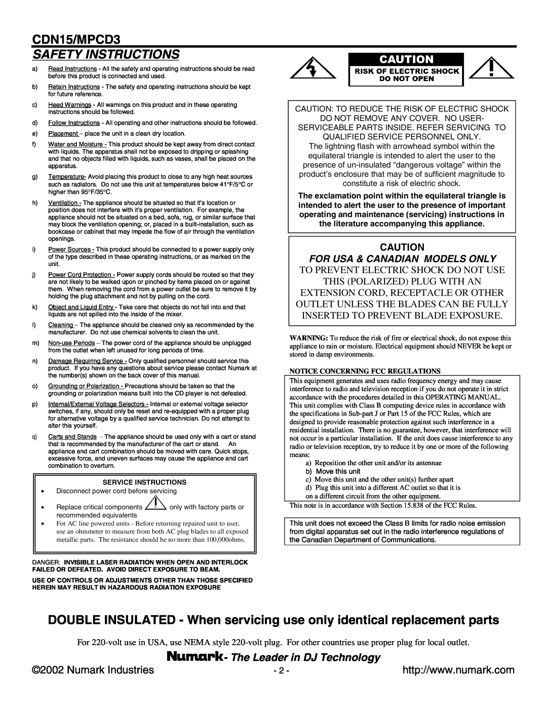 Numark Industries MPCD3, CDN15 user manual Safety Instructions, The Leader in DJ Technology, For Usa & Canadian Models Only 