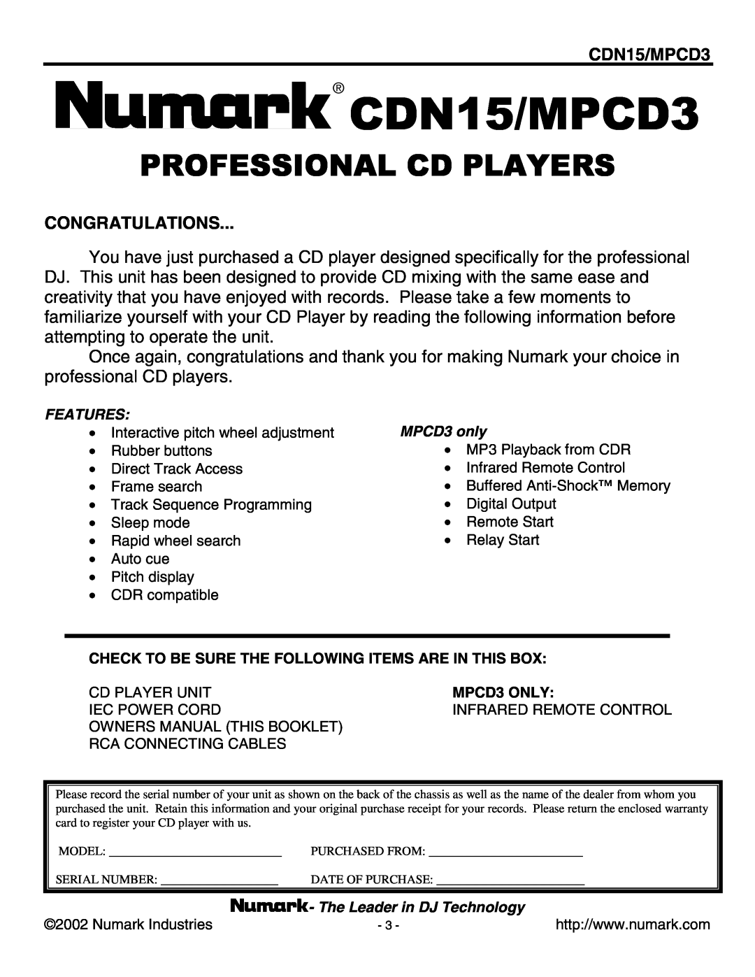 Numark Industries user manual CDN15/MPCD3, Professional Cd Players 
