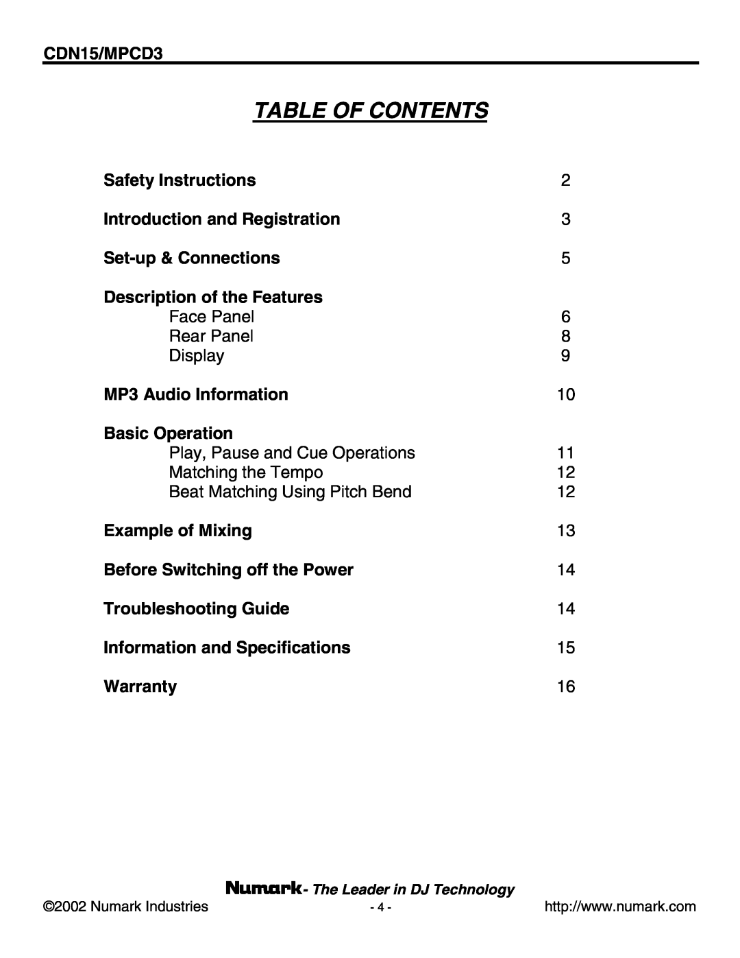 Numark Industries MPCD3, CDN15 user manual Table Of Contents 