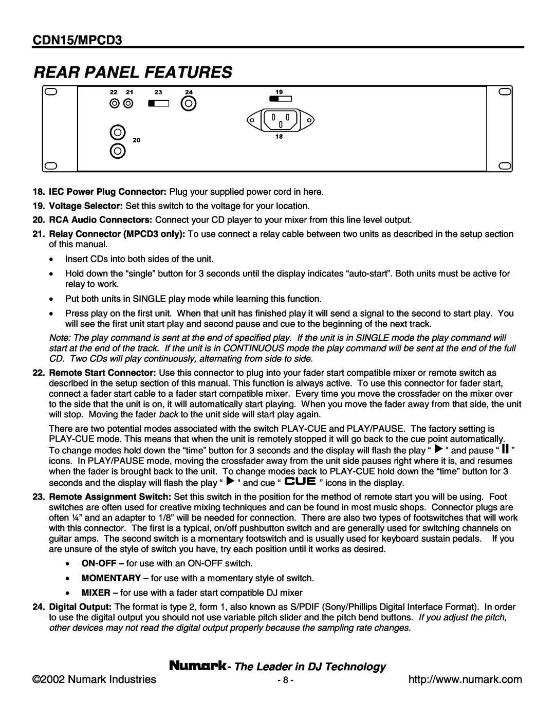 Numark Industries MPCD3, CDN15 user manual Rear Panel Features, The Leader in DJ Technology 