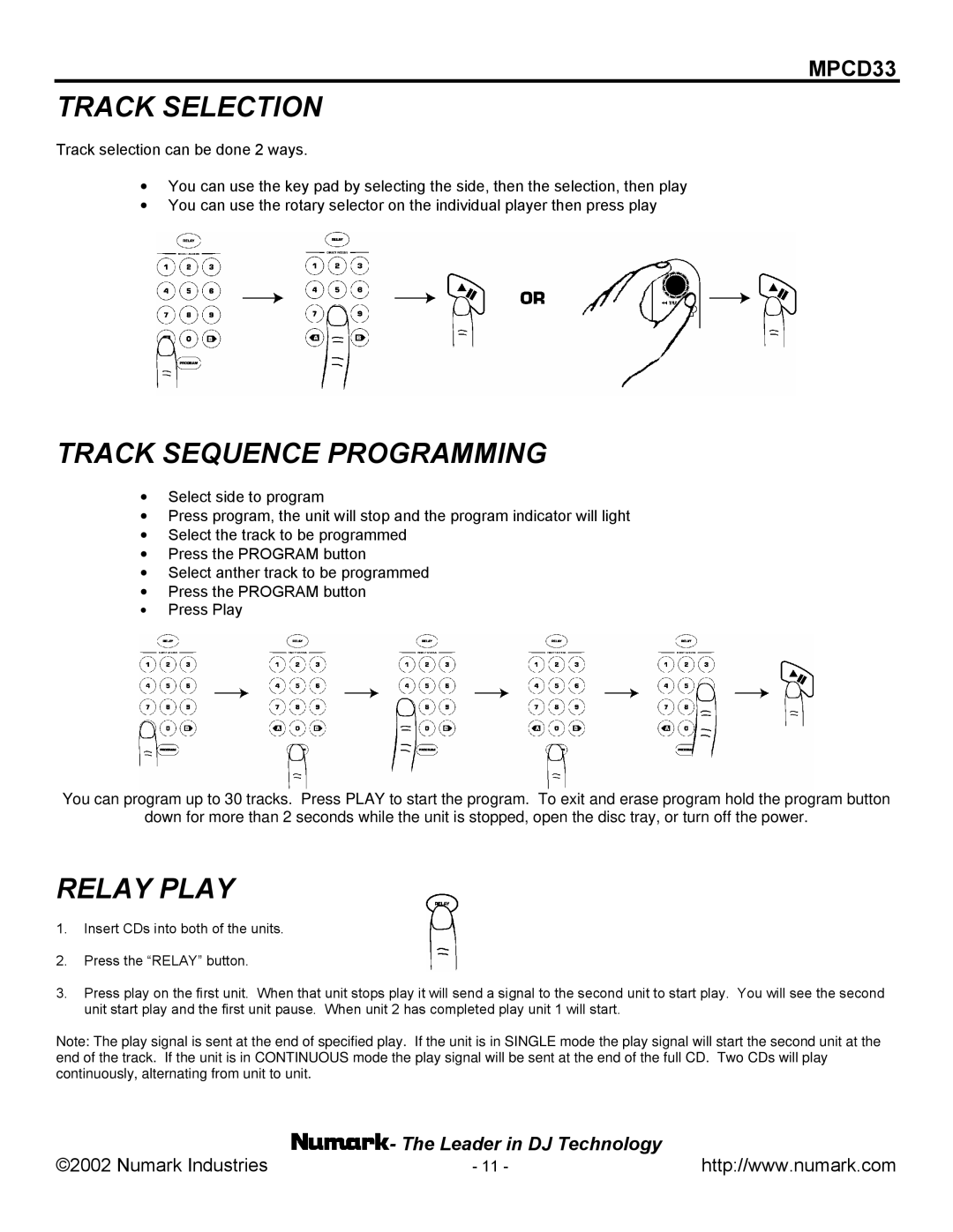 Numark Industries MPCD33 manual Track Selection, Track Sequence Programming, Relay Play 