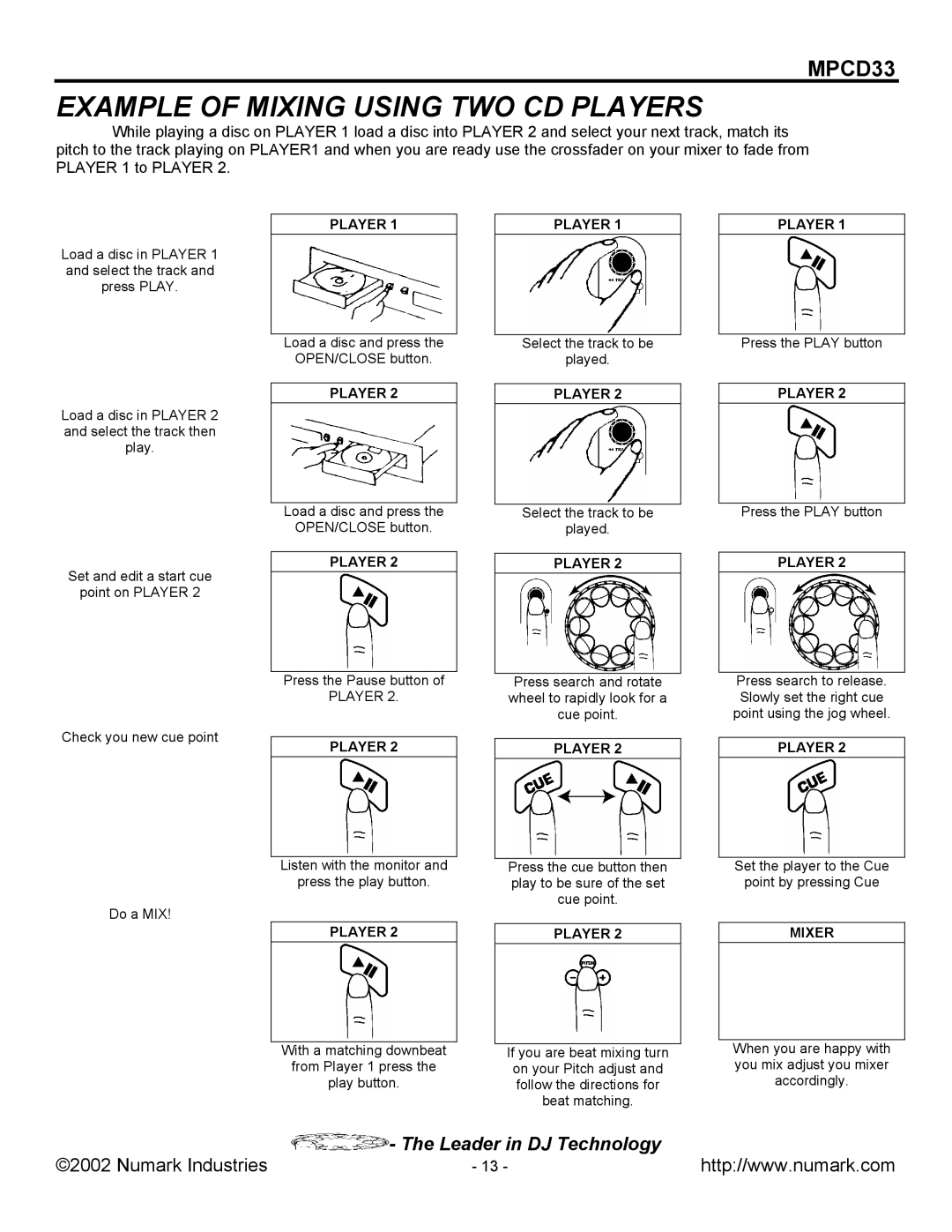 Numark Industries MPCD33 manual Example of Mixing Using TWO CD Players 