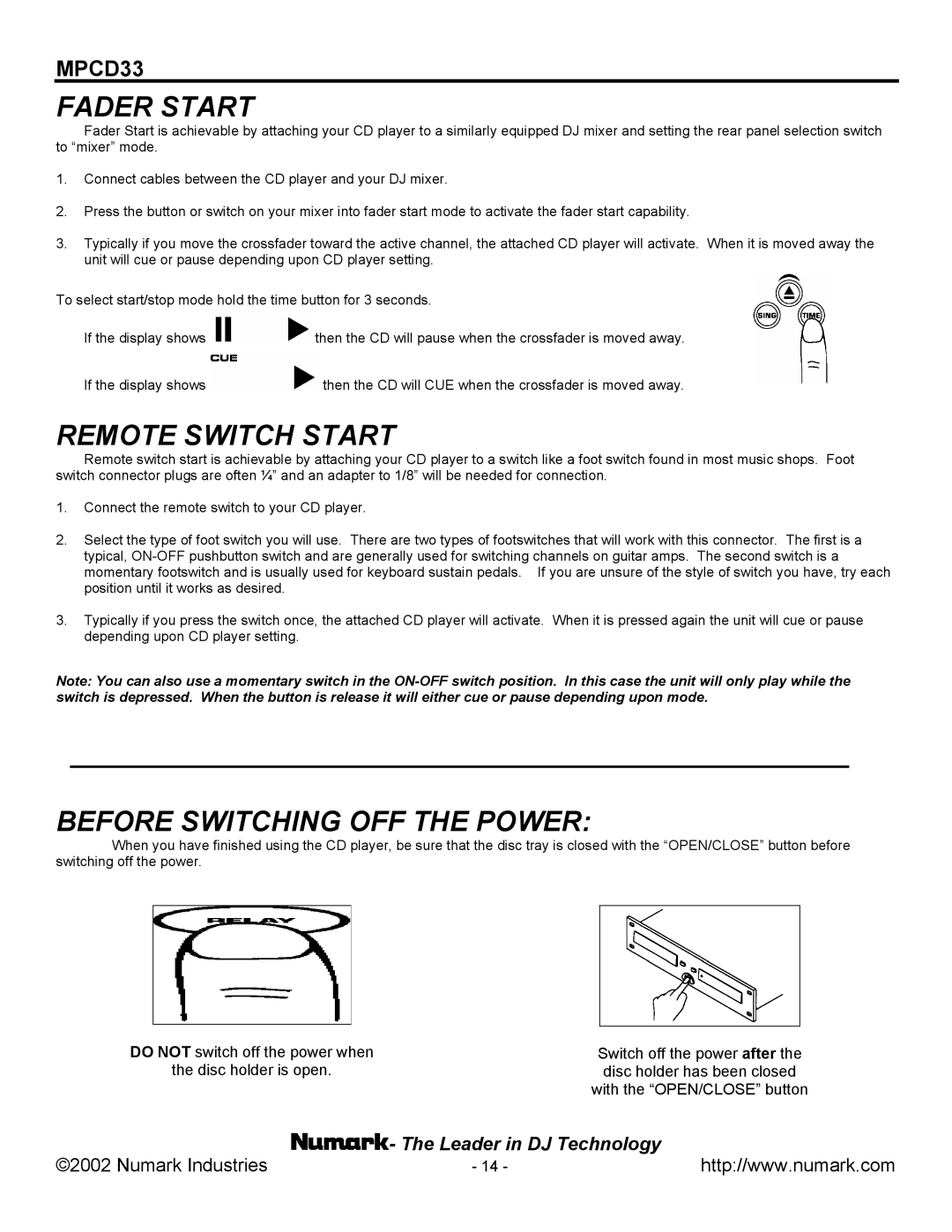 Numark Industries MPCD33 manual Fader Start, Remote Switch Start, Before Switching OFF the Power 