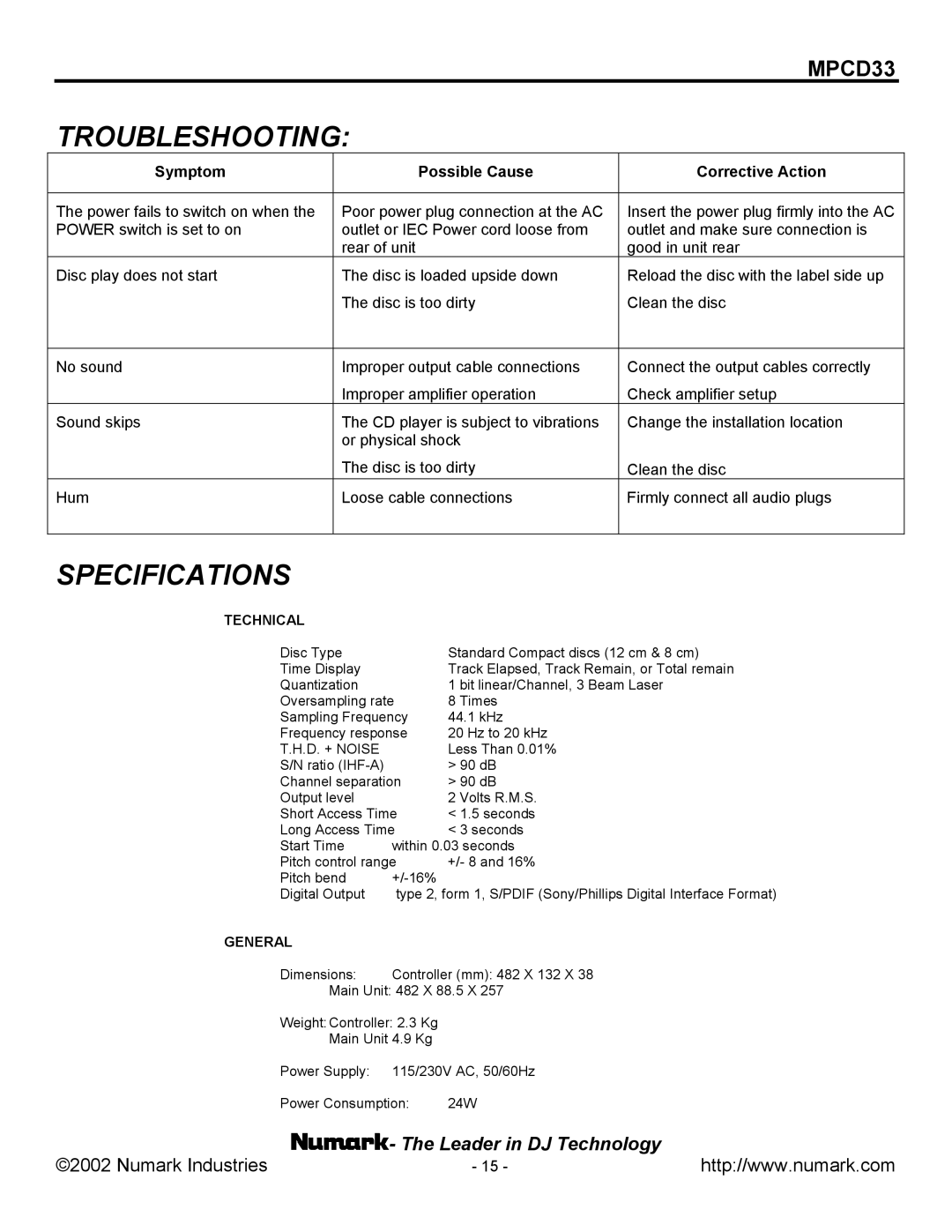 Numark Industries MPCD33 manual Troubleshooting, Specifications 