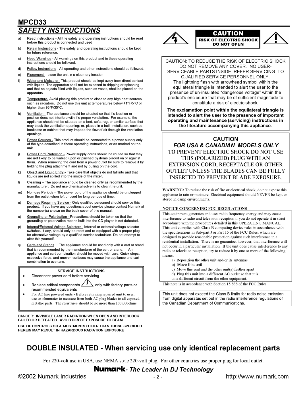 Numark Industries MPCD33 manual Safety Instructions 