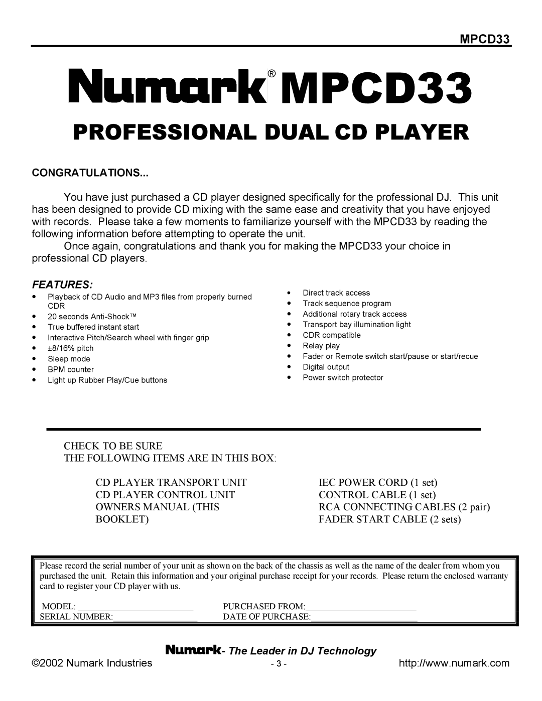 Numark Industries MPCD33 manual 