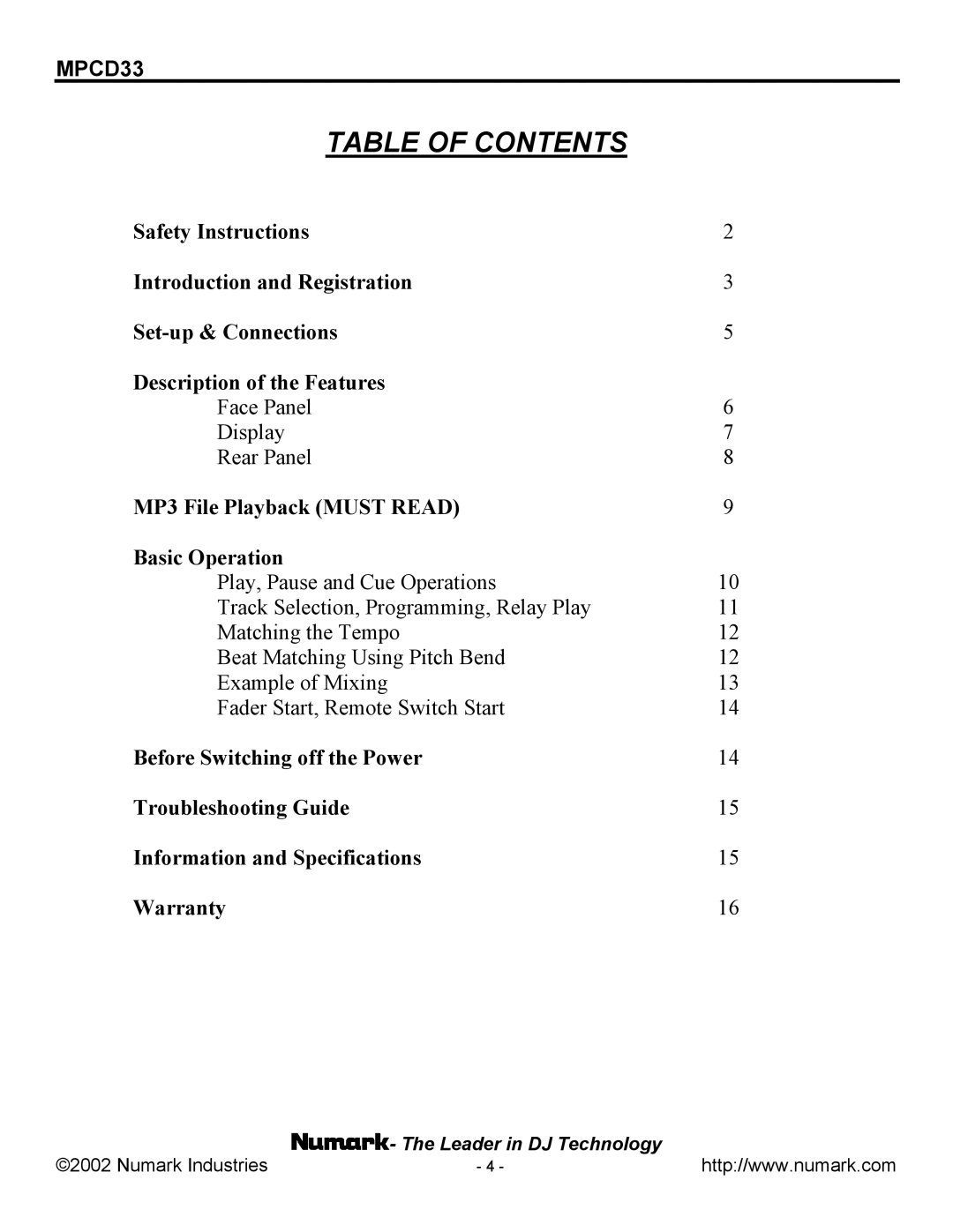 Numark Industries MPCD33 manual Table of Contents 