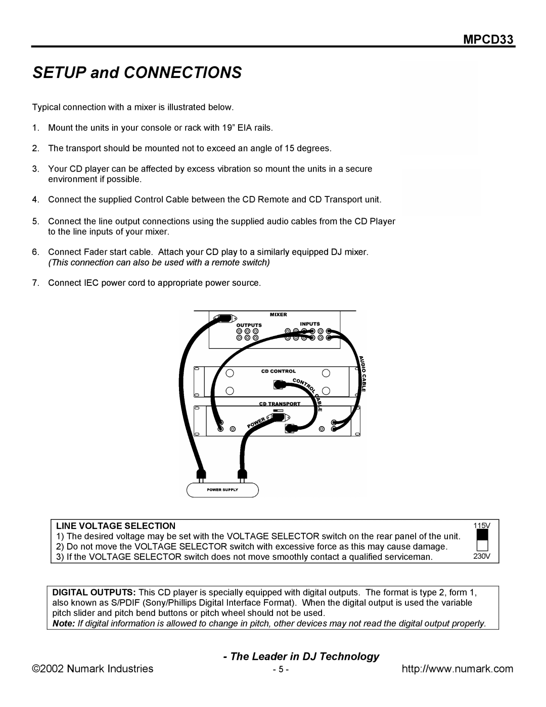 Numark Industries MPCD33 manual Setup and Connections 