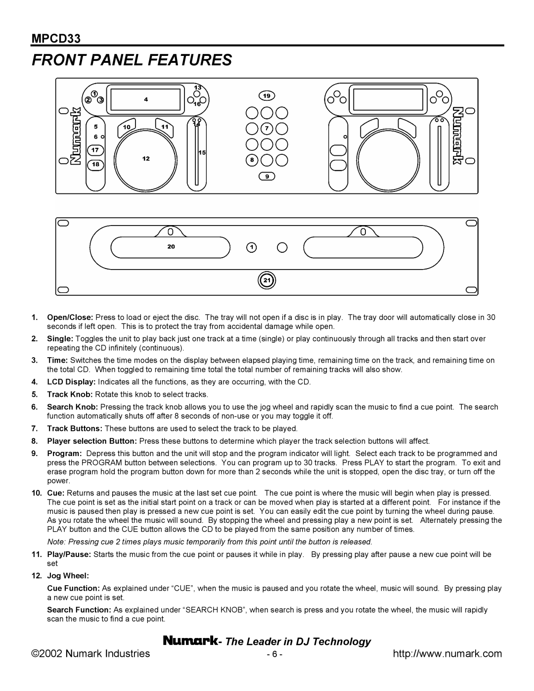 Numark Industries MPCD33 manual Front Panel Features, Jog Wheel 