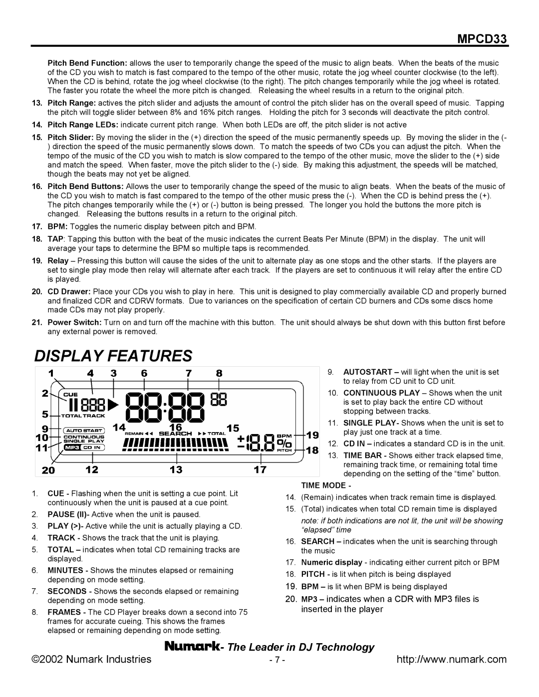 Numark Industries MPCD33 manual Display Features, Time Mode 