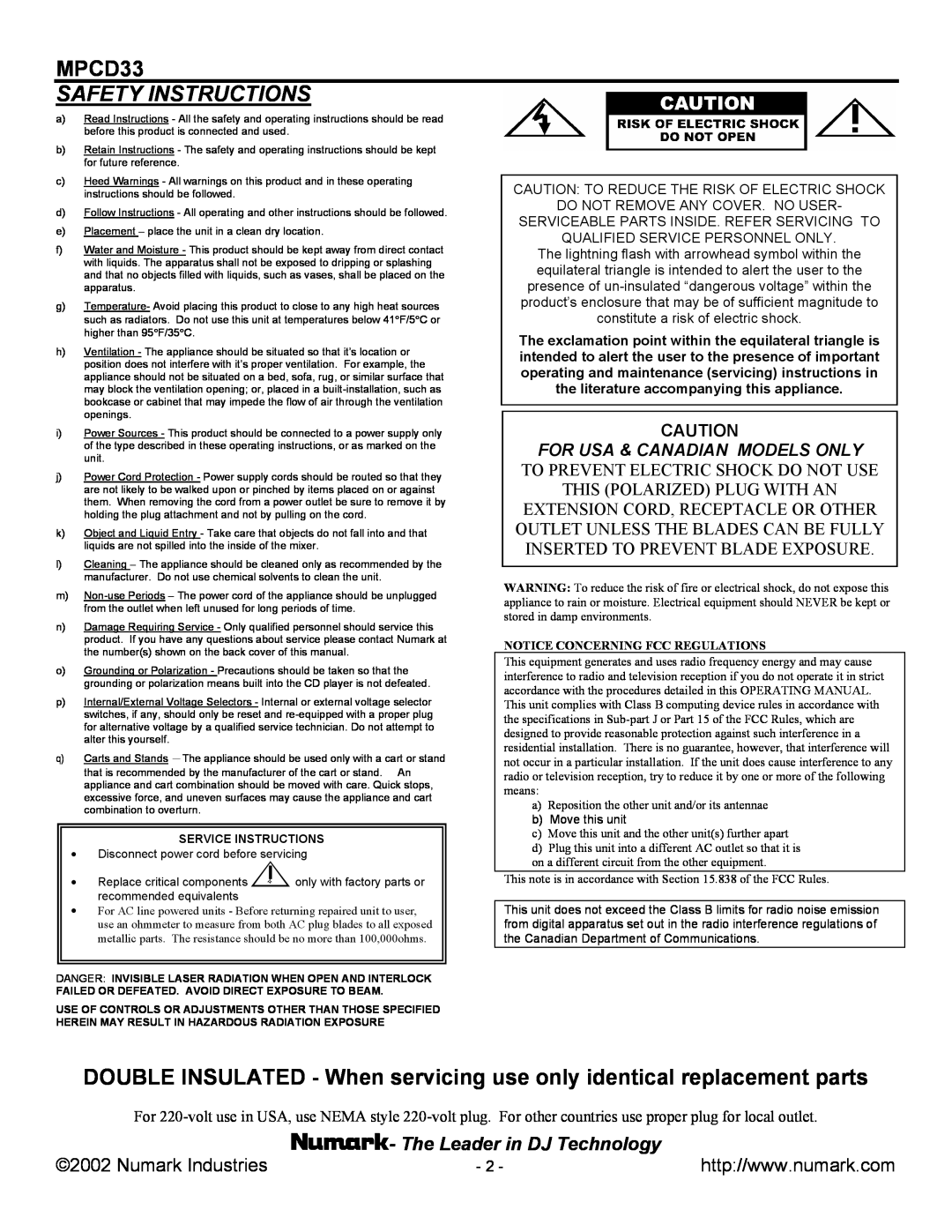 Numark Industries MPCD33 manual Safety Instructions, Numark Industries, The Leader in DJ Technology 