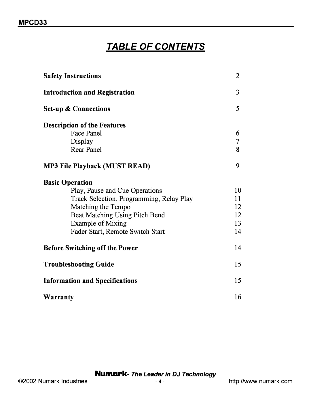 Numark Industries MPCD33 manual Table Of Contents 