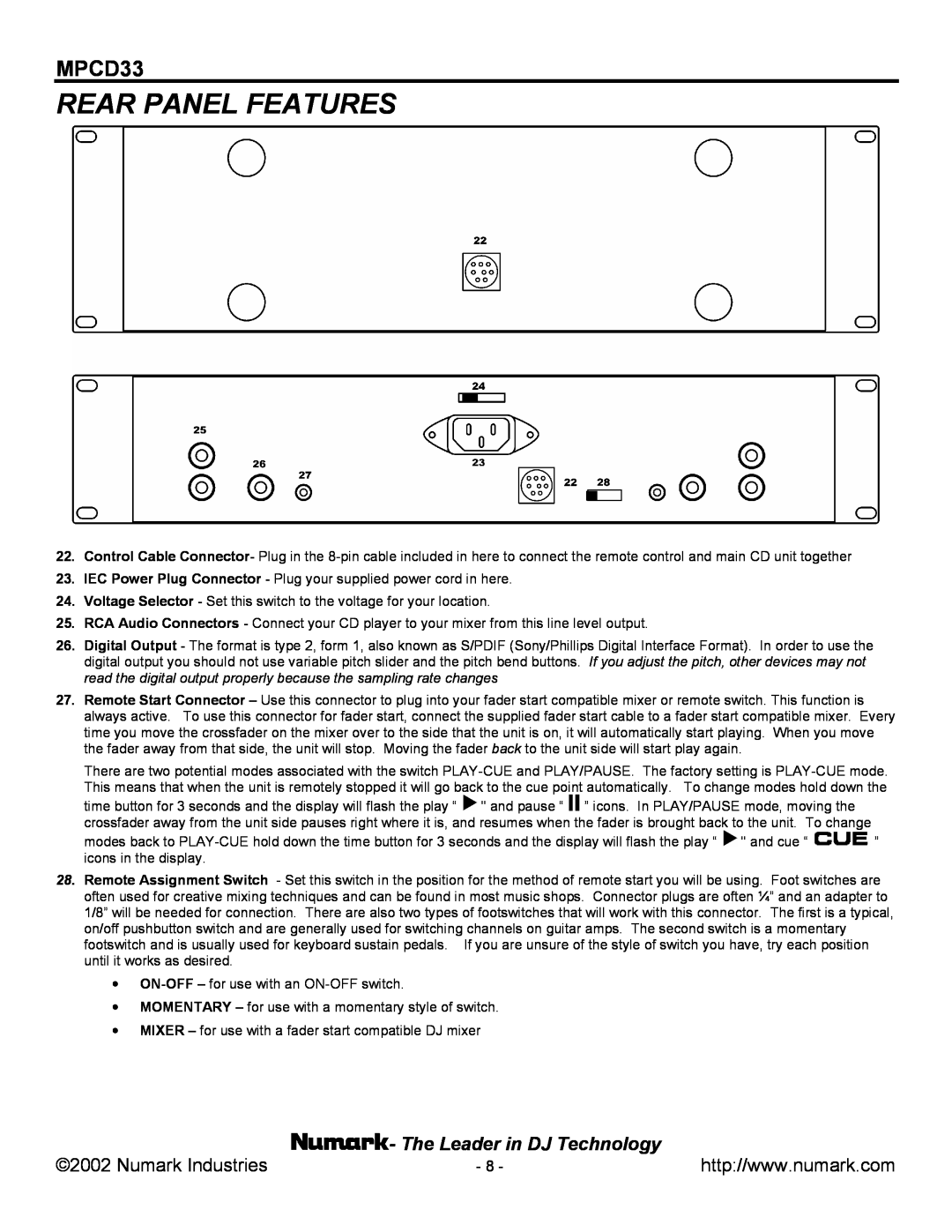 Numark Industries MPCD33 manual Rear Panel Features, Numark Industries, The Leader in DJ Technology 