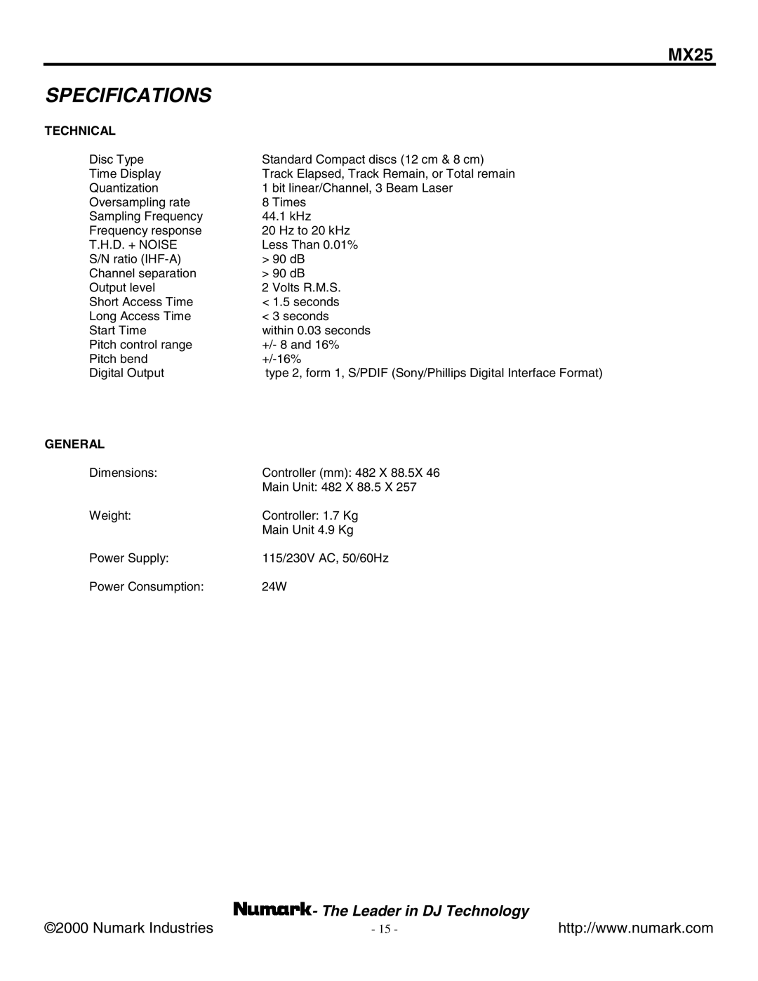 Numark Industries MX25 manual Specifications, Technical 