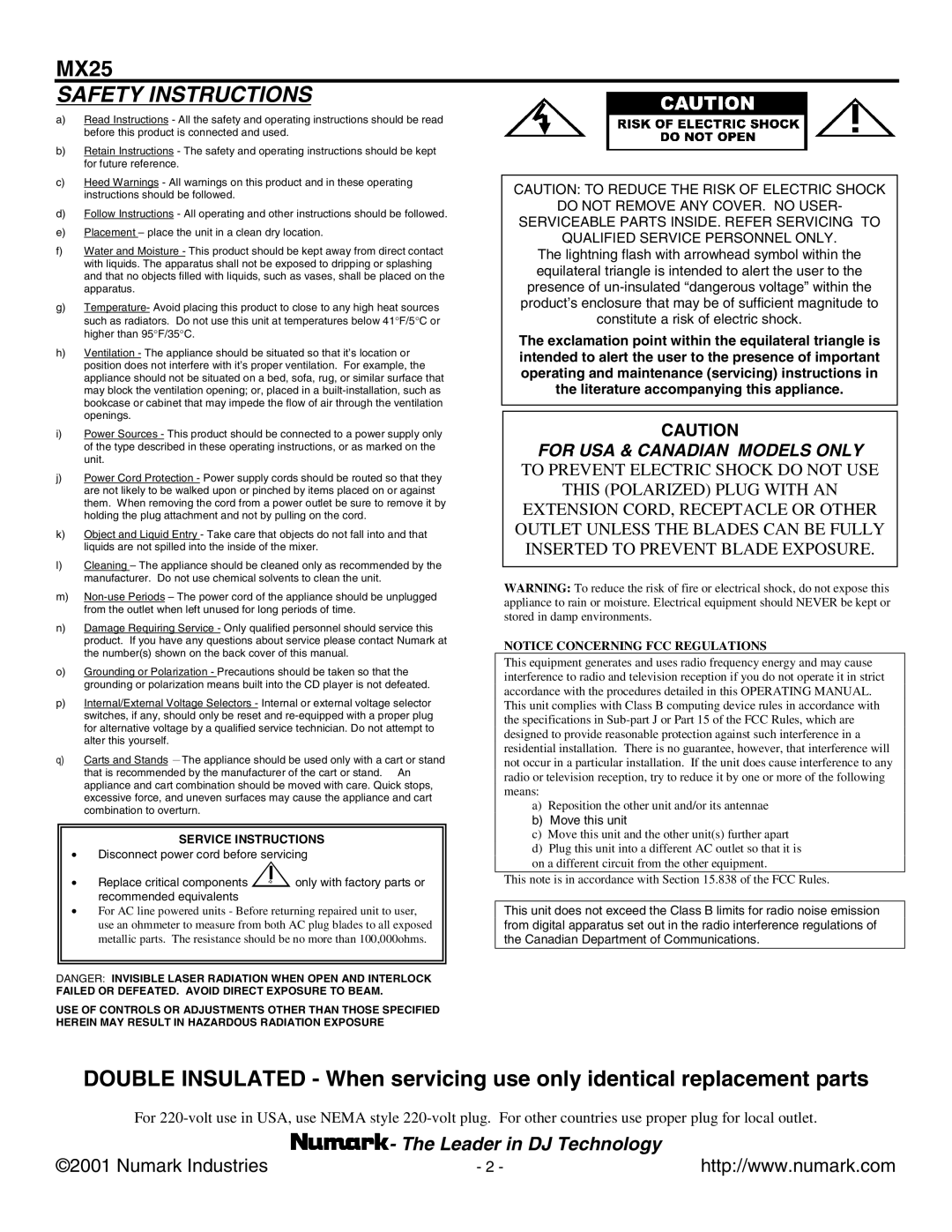 Numark Industries MX25 manual Safety Instructions 