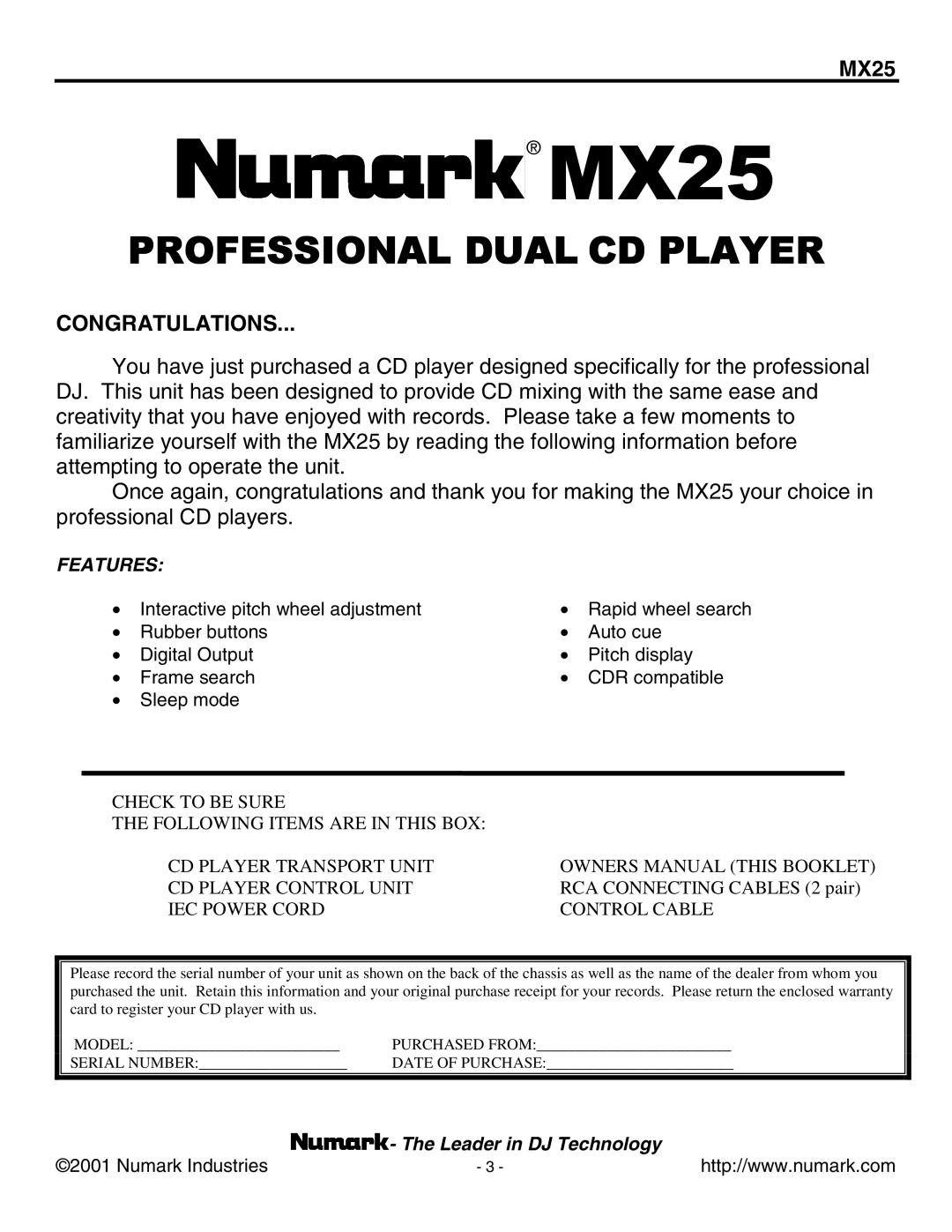 Numark Industries MX25 manual Professional Dual CD Player 