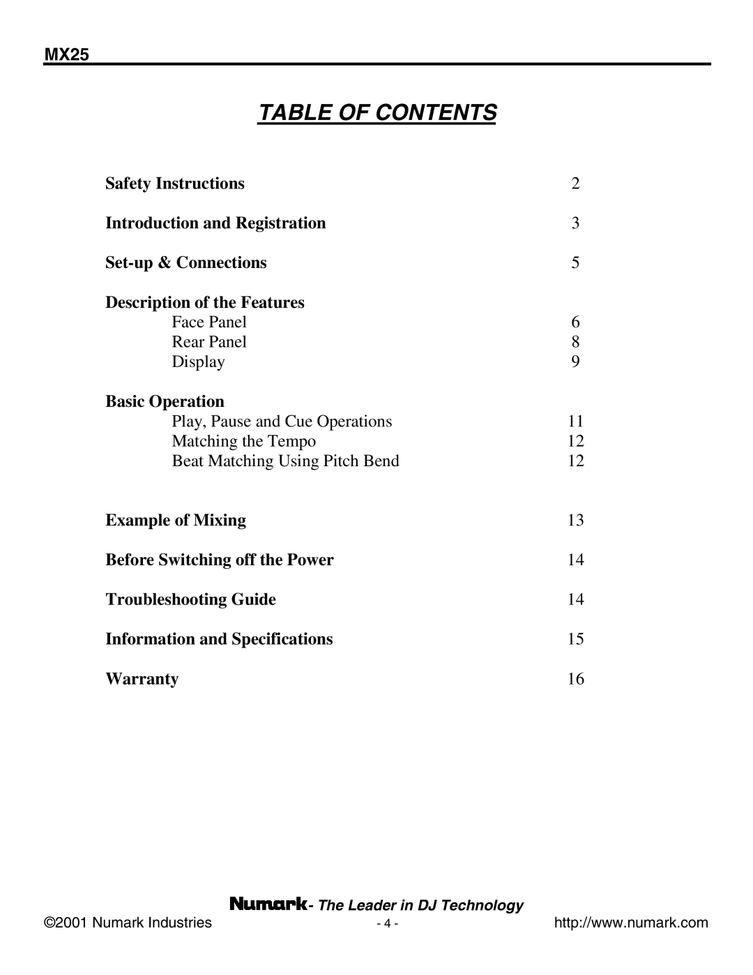 Numark Industries MX25 manual Table of Contents 