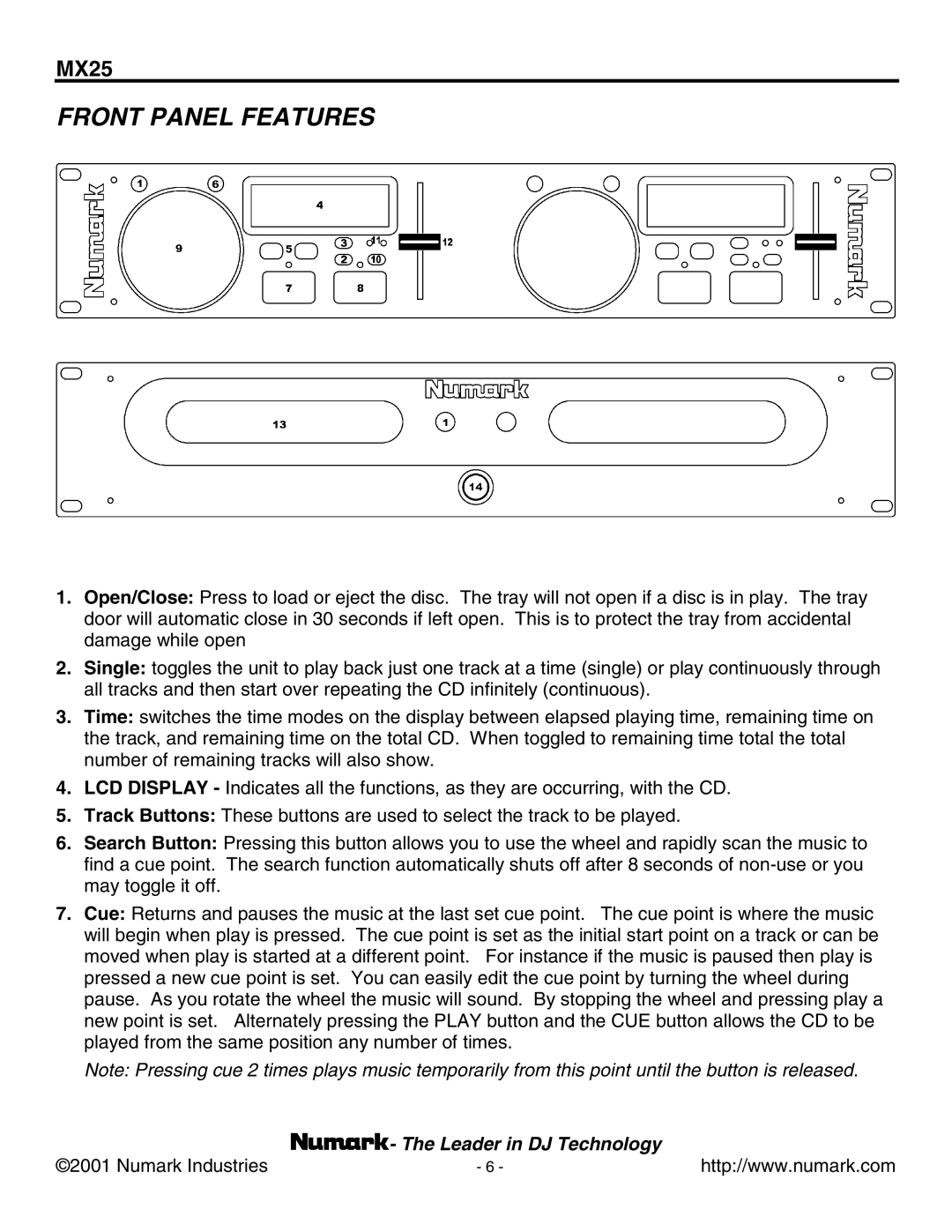 Numark Industries MX25 manual Front Panel Features 