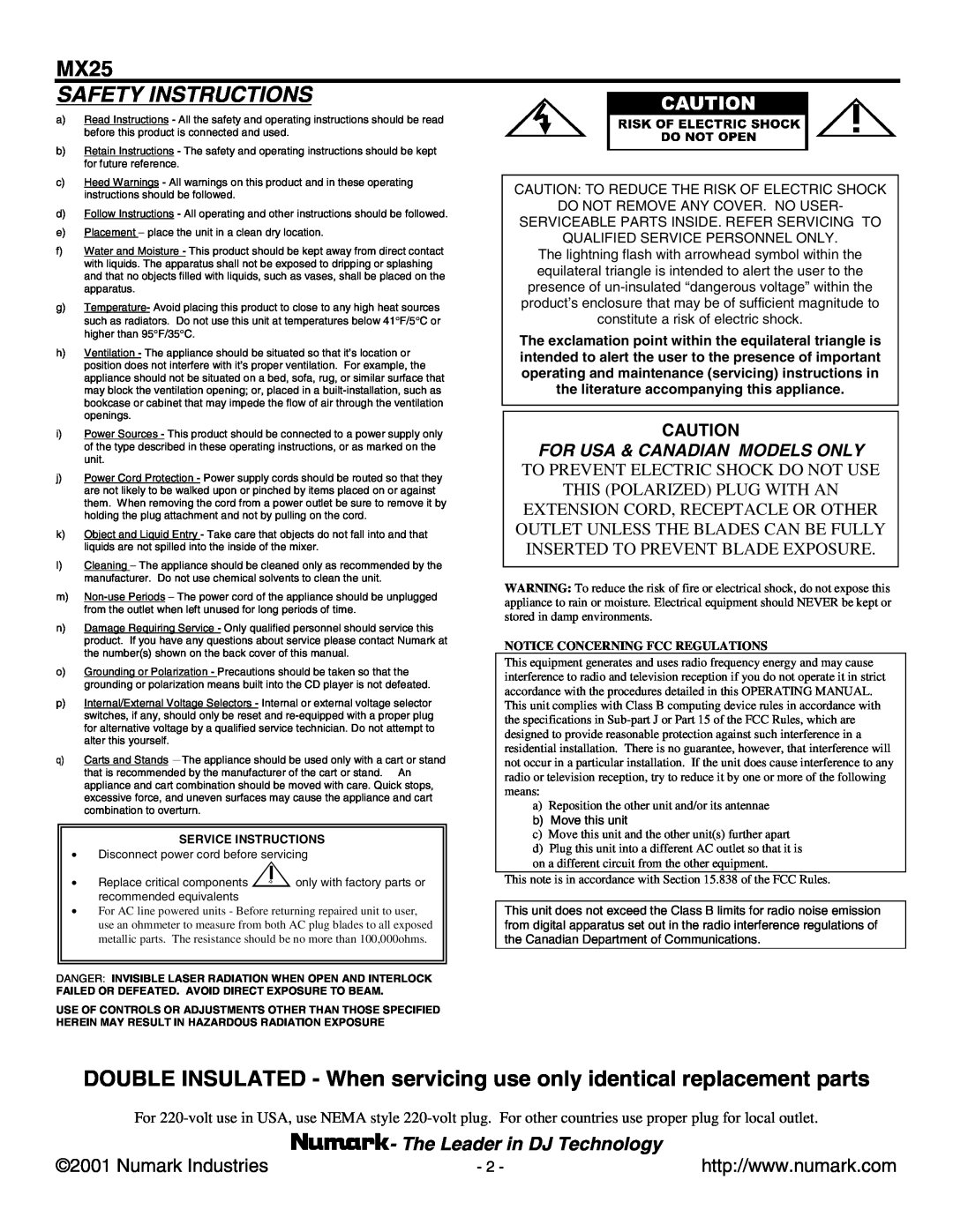 Numark Industries MX25 manual Safety Instructions, The Leader in DJ Technology, For Usa & Canadian Models Only 