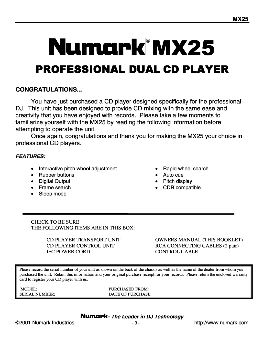 Numark Industries MX25 manual Congratulations, Professional Dual Cd Player 