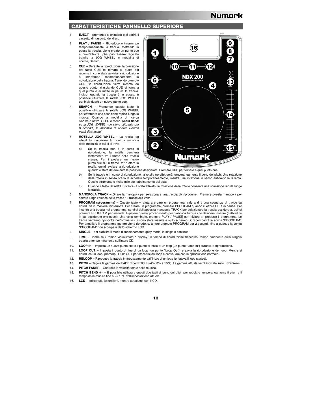 Numark Industries NDX 200 quick start Caratteristiche Pannello Superiore, 10 11 