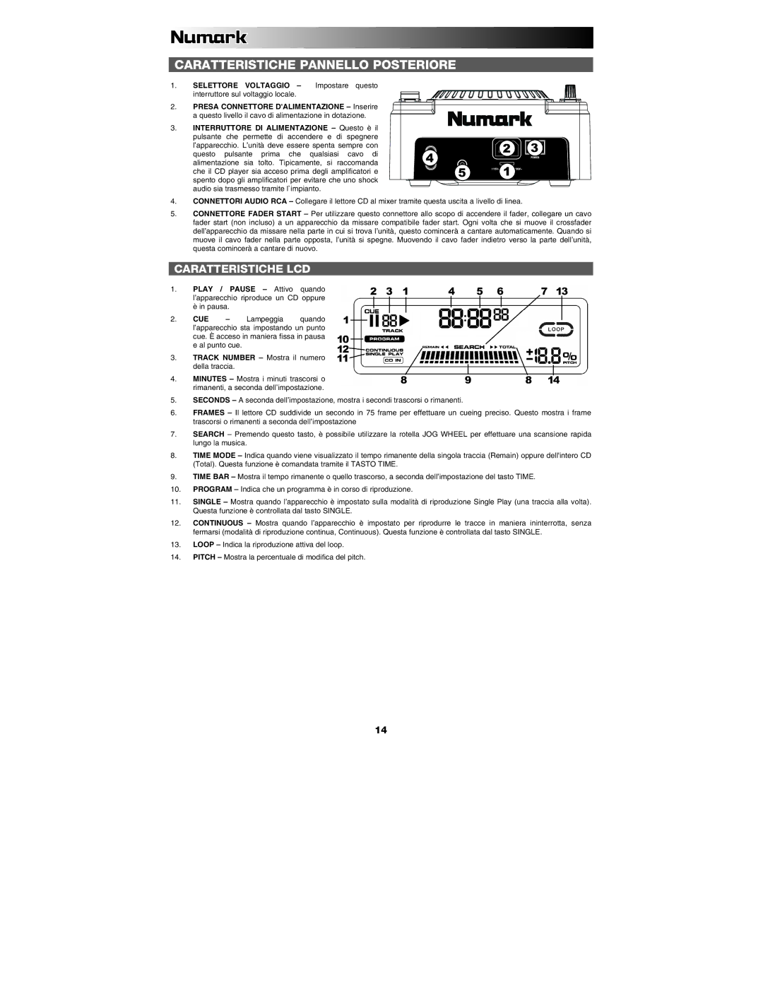 Numark Industries NDX 200 quick start Caratteristiche Pannello Posteriore, Caratteristiche LCD 