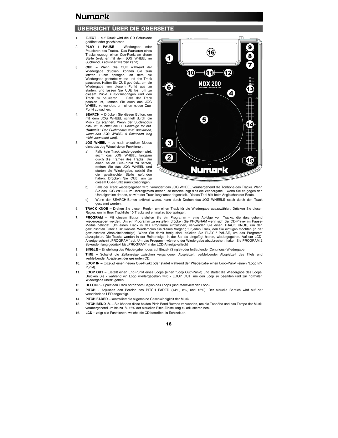 Numark Industries NDX 200 quick start Übersicht Über DIE Oberseite 