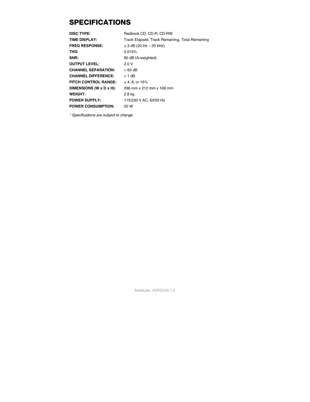 Numark Industries NDX 200 quick start Specifications 