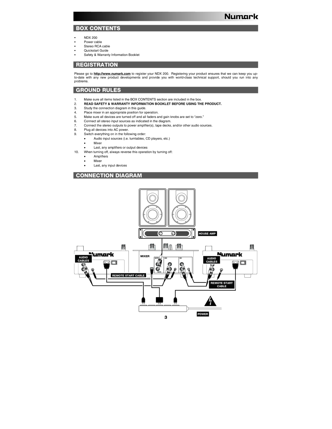 Numark Industries NDX 200 quick start BOX Contents, Registration Ground Rules, Connection Diagram 