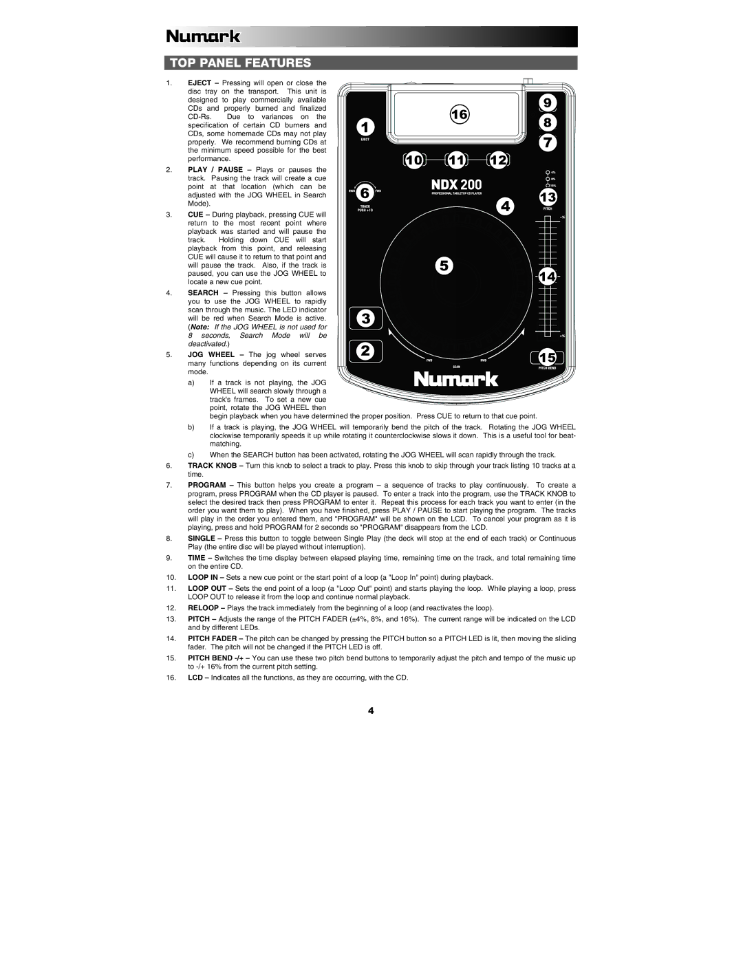 Numark Industries NDX 200 quick start TOP Panel Features 