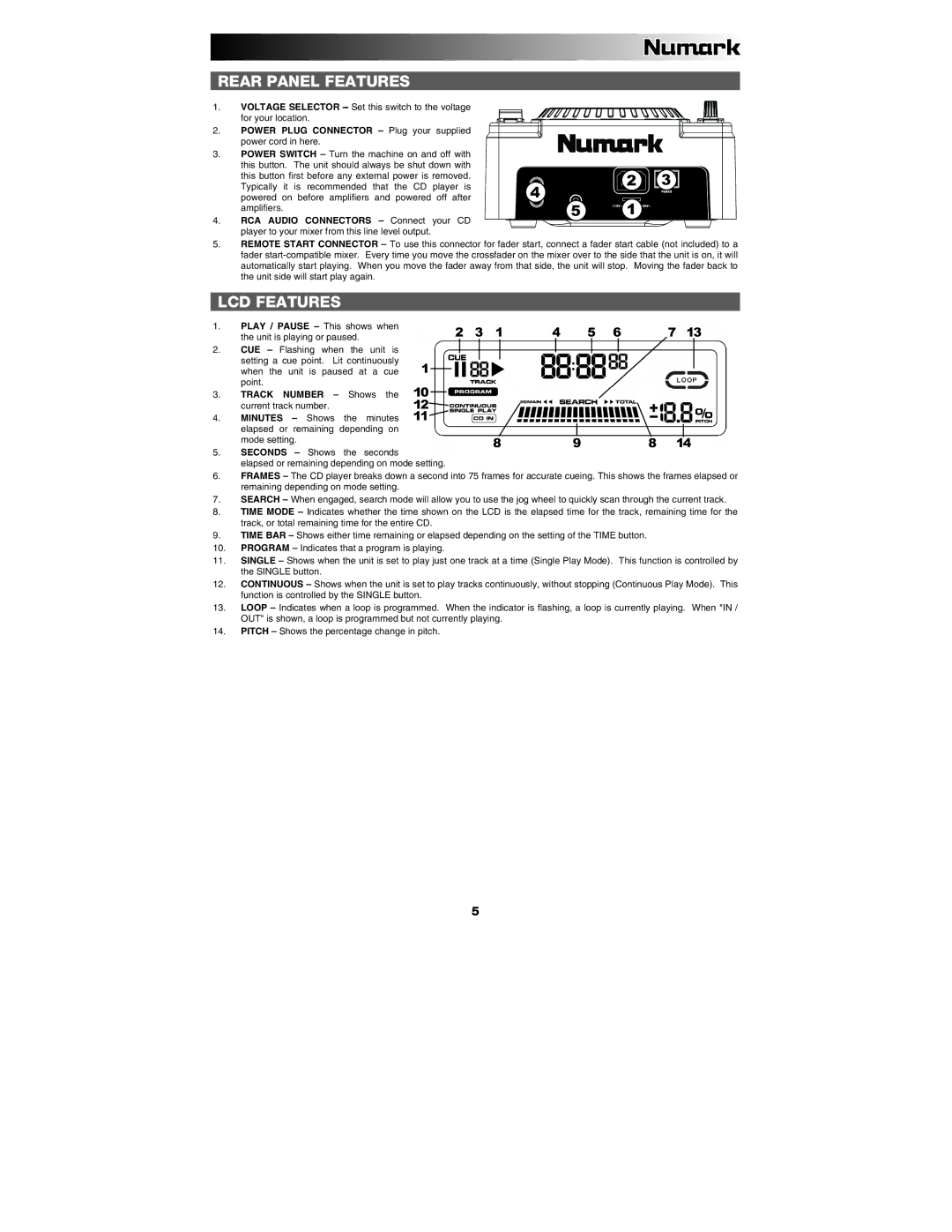 Numark Industries NDX 200 quick start Rear Panel Features, LCD Features 