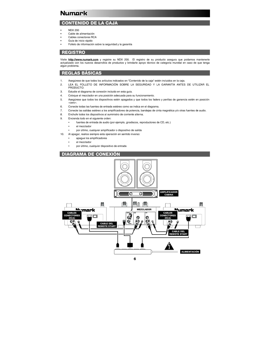 Numark Industries NDX 200 quick start Contenido DE LA Caja, Registro Reglas Básicas, Diagrama DE Conexión 