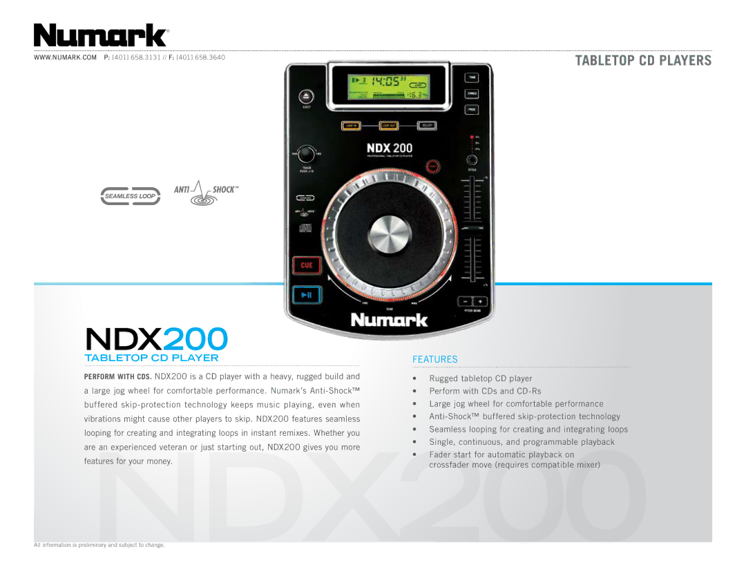 Numark Industries NDX200 manual Tabletop CD Player, Features 