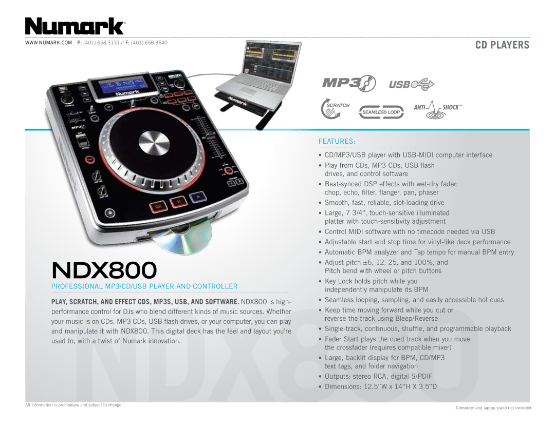 Numark Industries NDX800 dimensions CD Players 