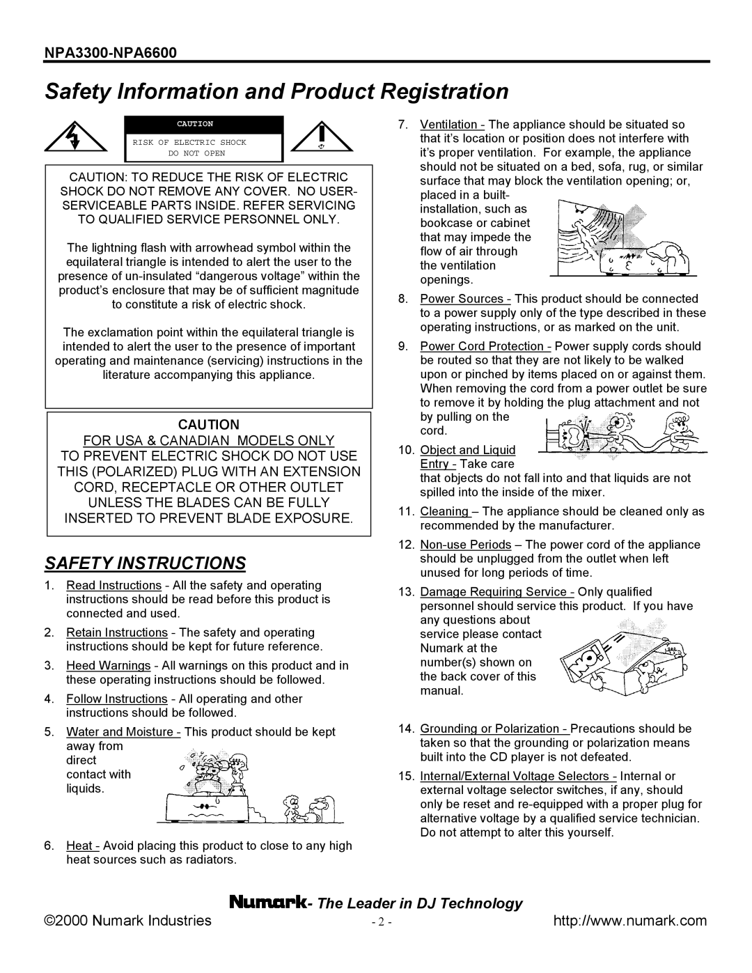 Numark Industries NPA3300/NPA6600 manual Safety Information and Product Registration, Safety Instructions 